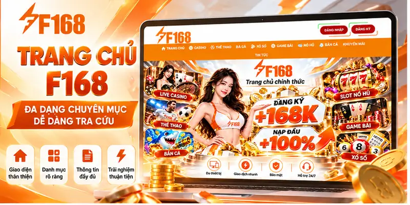 Giao diện trang chủ F168 và các chuyên mục.
